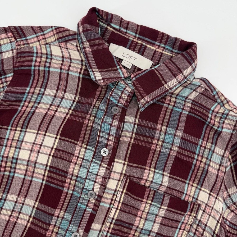 LOFT Burgundy Blue Plaid Tiered Button Front Shirt Dress Women's Small
